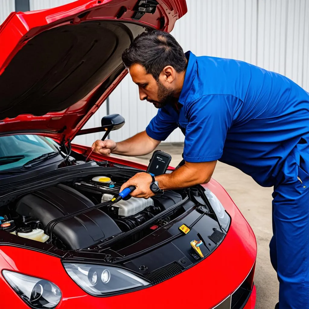 Mechanic using a Bluetooth OBD2 reader on a car in a workshop