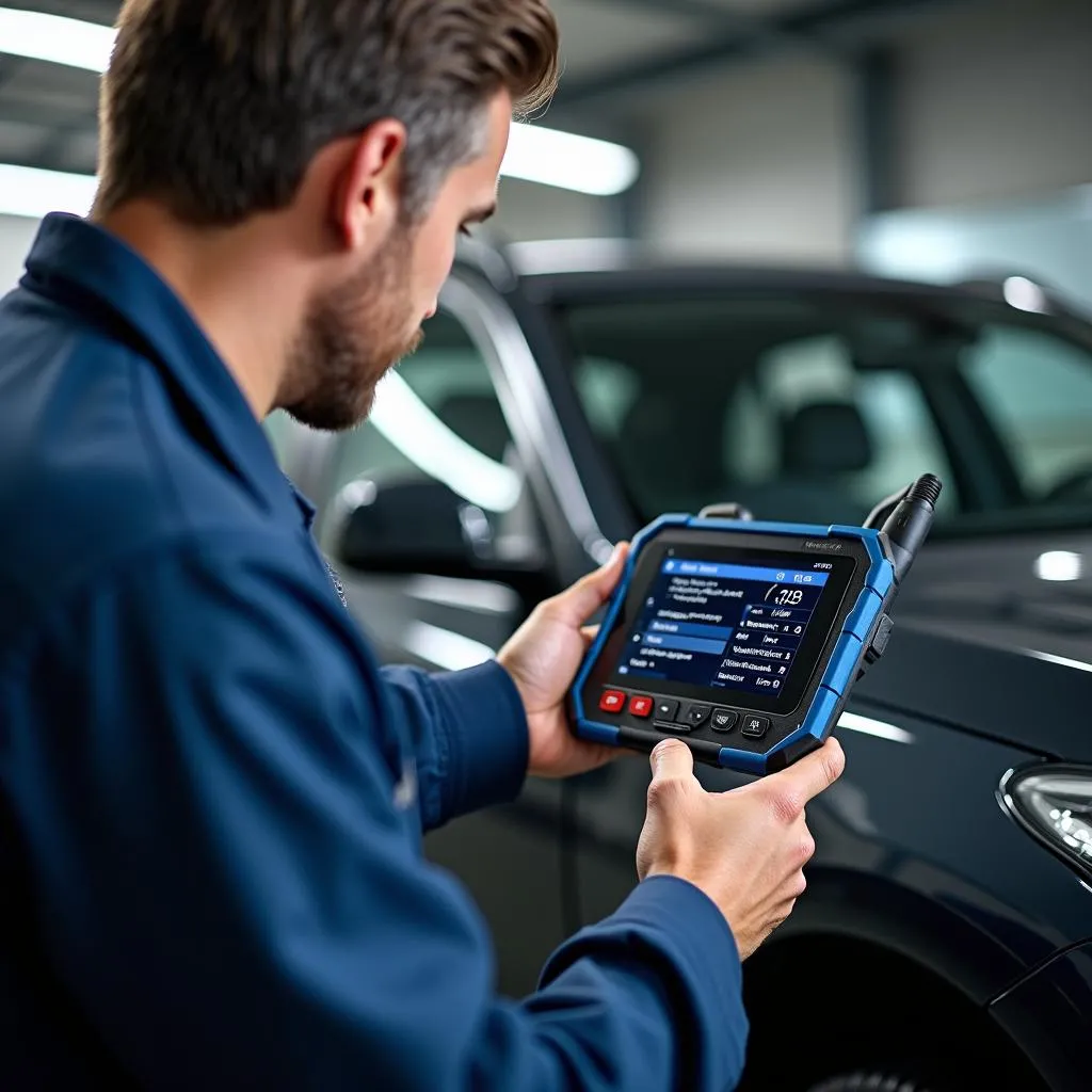 Mechanic diagnosing a BMW using a Bosch OBD 1050 scanner