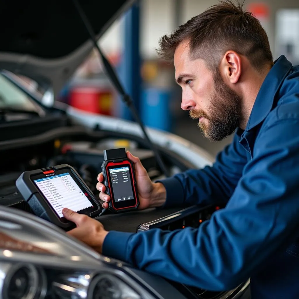 Mechanic using a CAN Tech OBD unit on a Nissan Altima