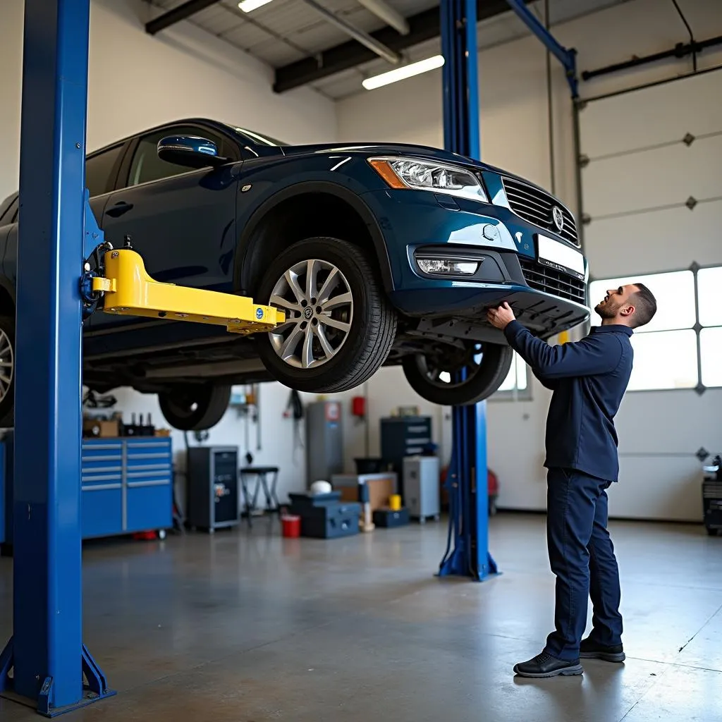 Mechanic utilizing car trailer lift for undercarriage access