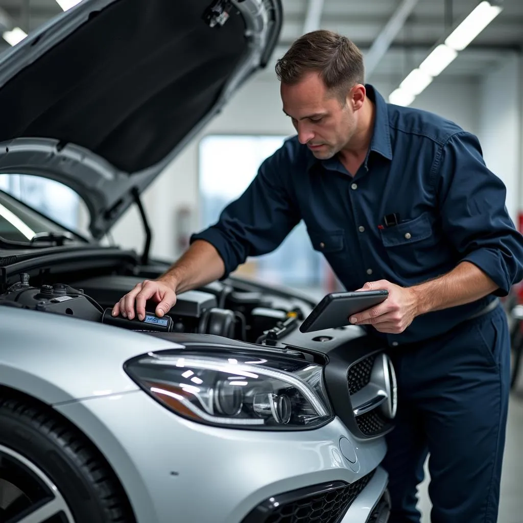 Mechanic diagnosing a European car with a Continental OBD dongle and a tablet