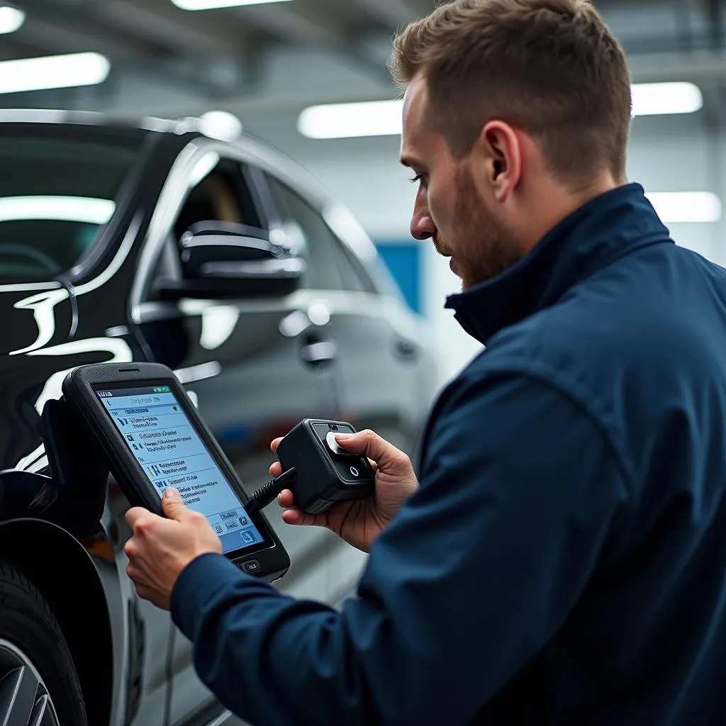 Mechanic Using Dealer-Level Scanner on a European Car