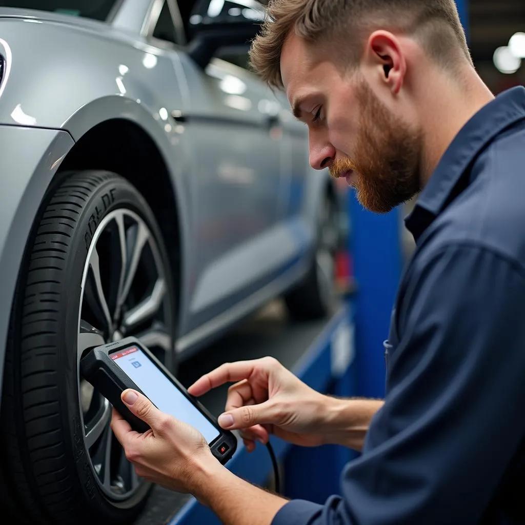  Mechanic Diagnosing a European Car with Dealer Scanner