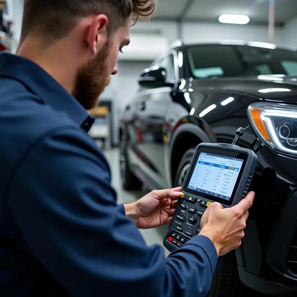 Mechanic Diagnosing European Car with Dealer Scanner