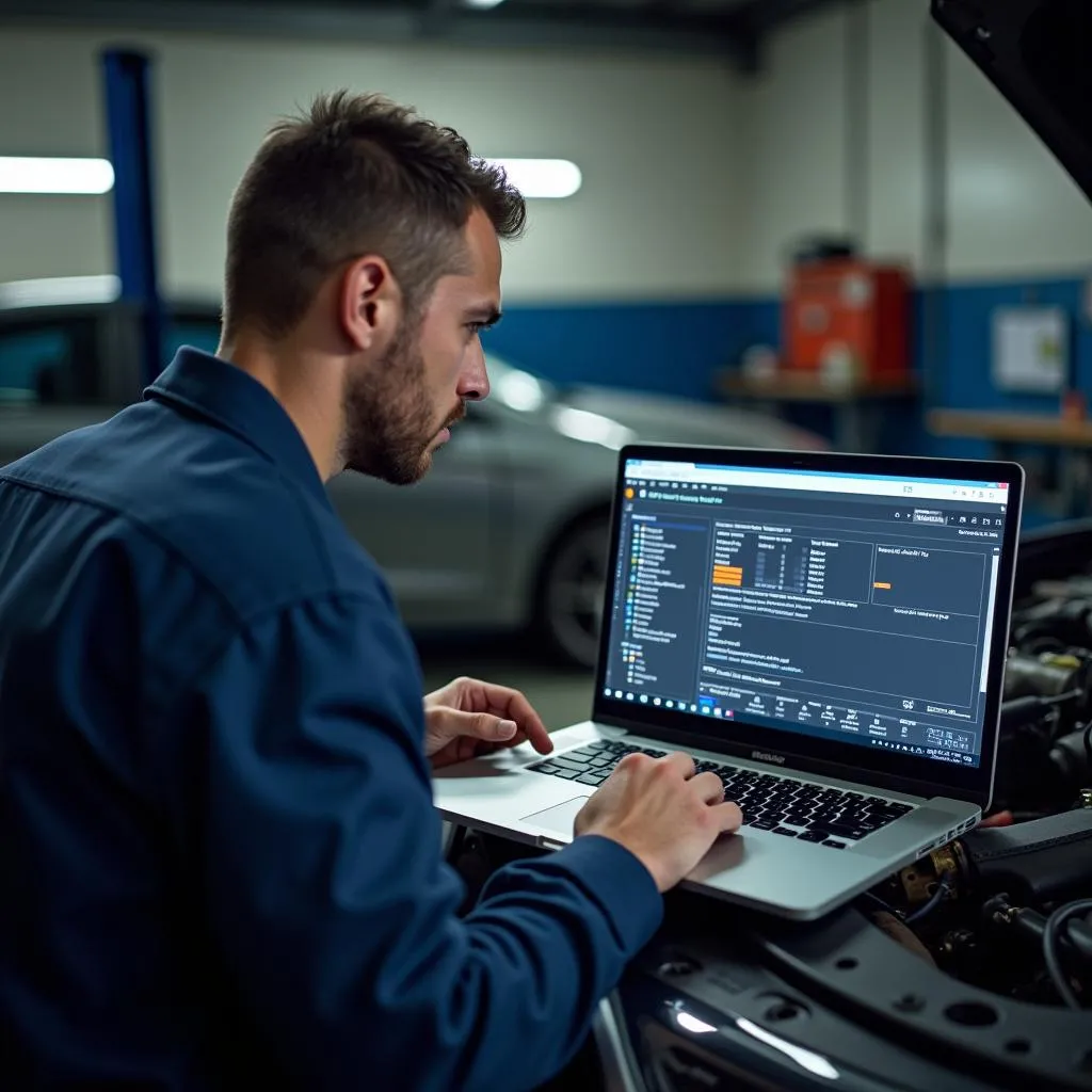 Mechanic using diagnostic equipment to troubleshoot car problems