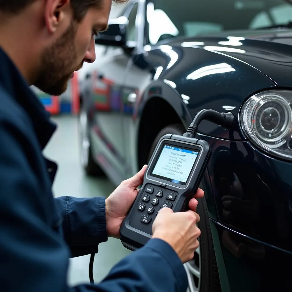 Mechanic connecting a diagnostic scanner to a car's OBD-II port