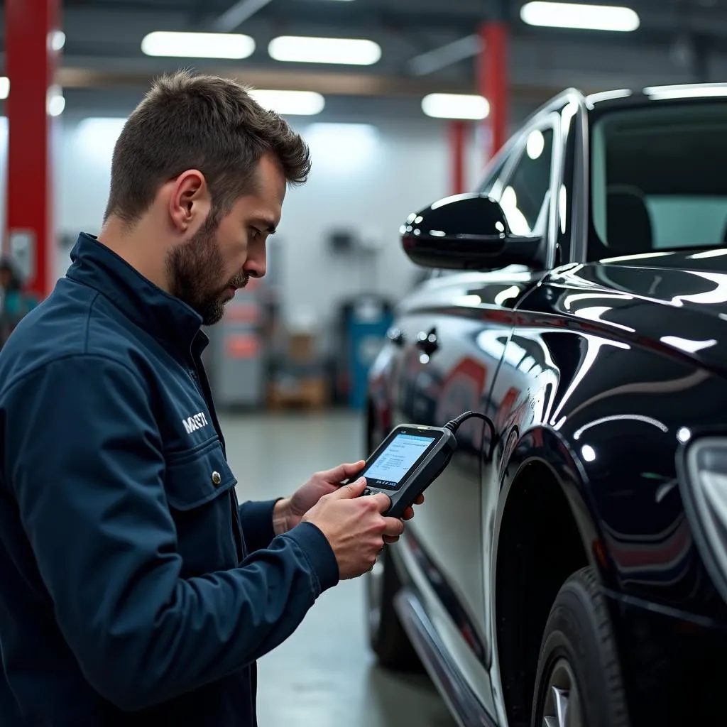 Mechanic using a diagnostic scanner on an Audi A6