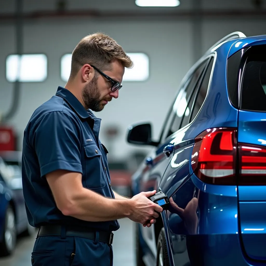 Mechanic using a diagnostic scanner on a BMW X5