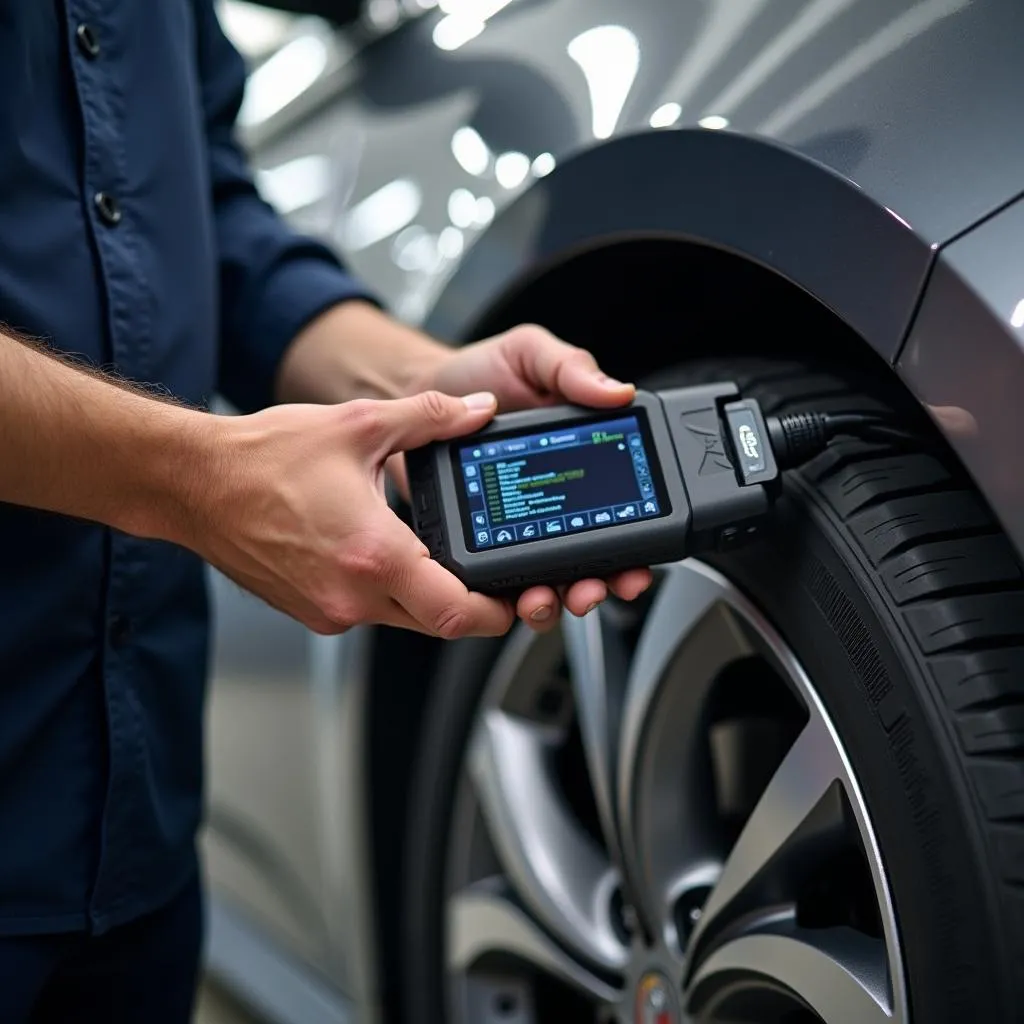 Mechanic Using Diagnostic Scanner on Car