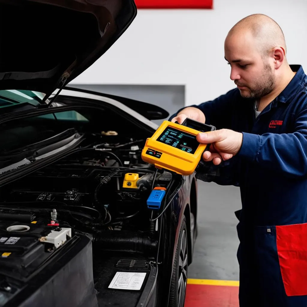 Mechanic plugging a diagnostic scanner into a European car