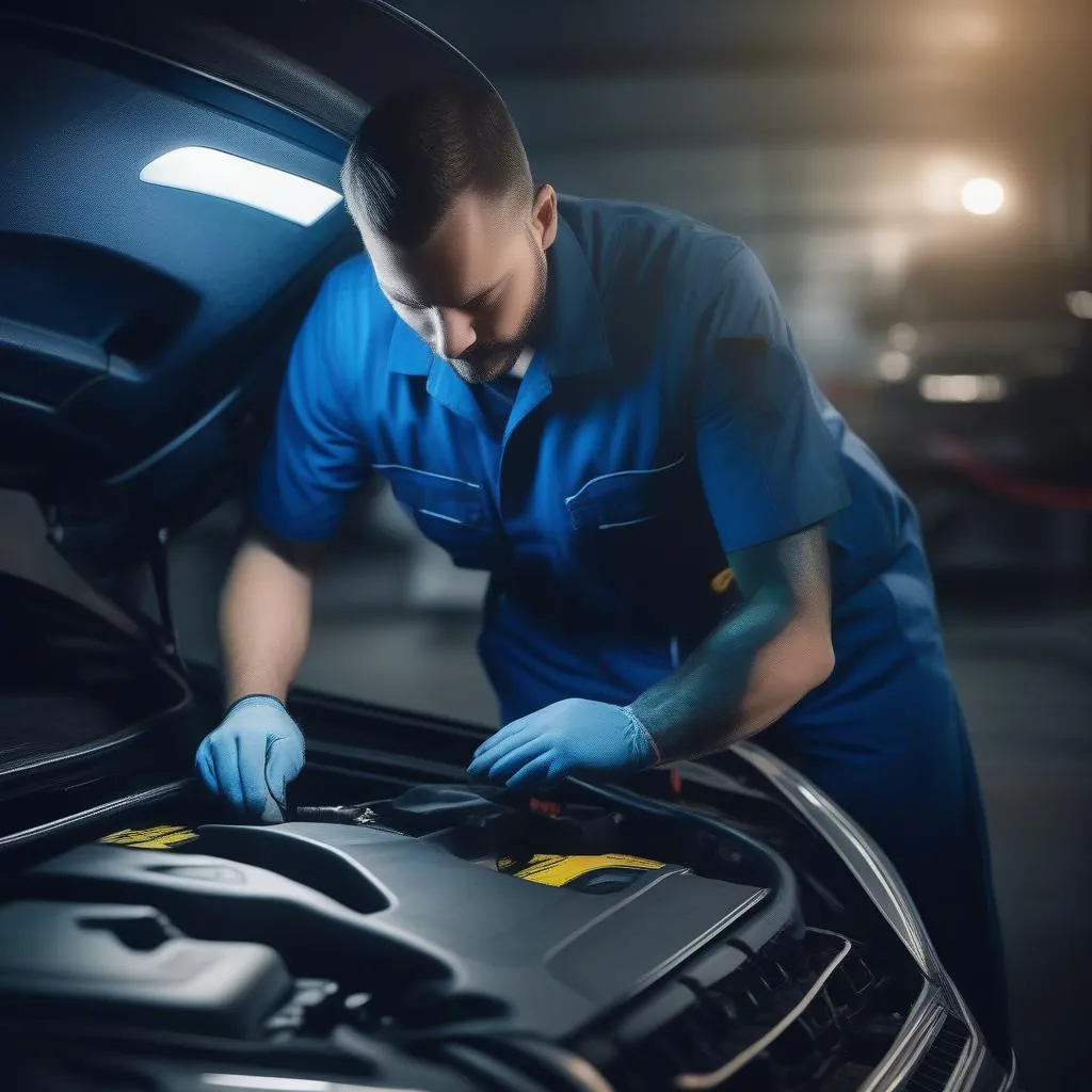 Mechanic Diagnosing a Car