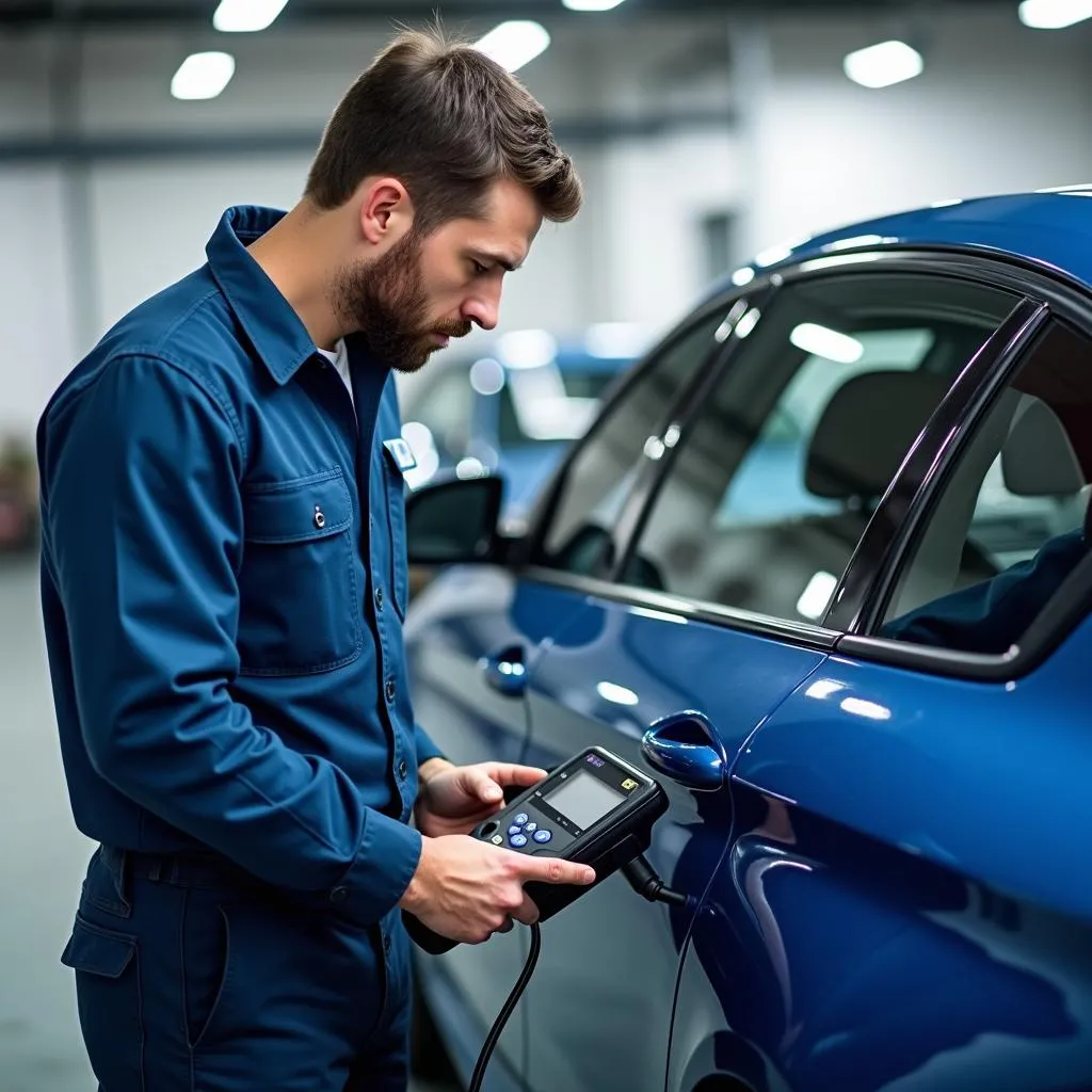 Mechanic Using a Diagnostic Tool on a European Car