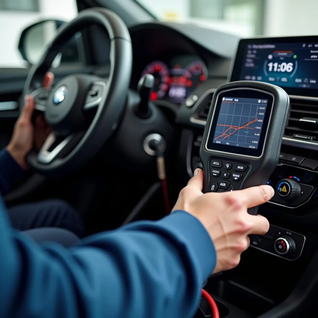 Mechanic Using a Diagnostic Tool on a Car