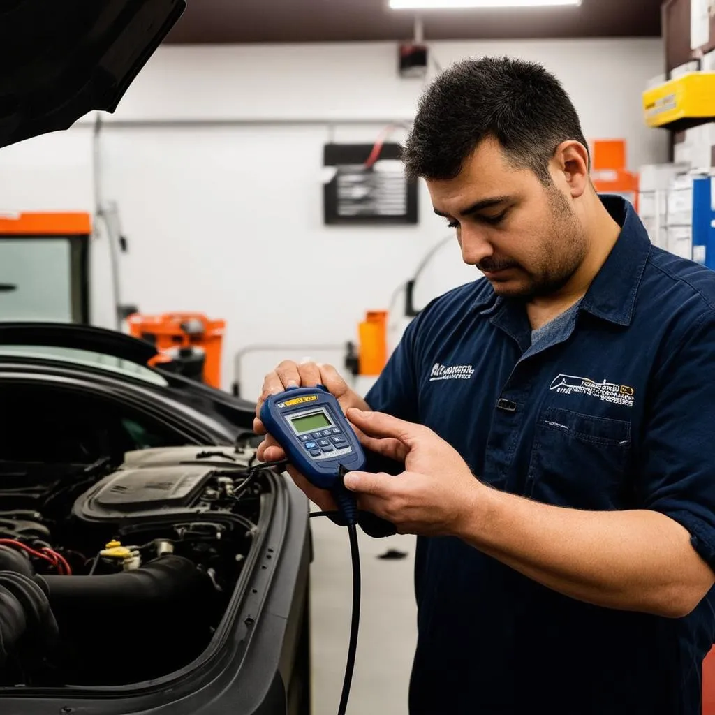 Mechanic using a diagnostic tool on a car in a repair shop