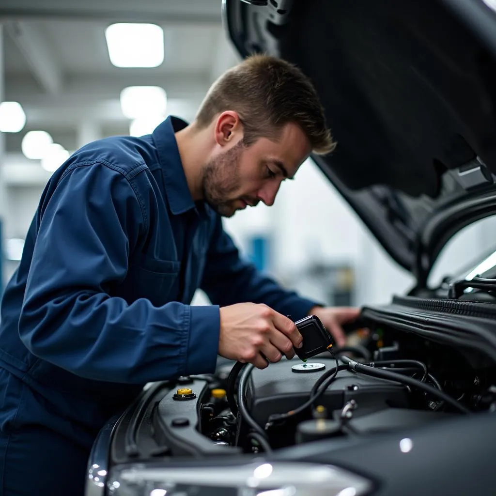 Mechanic diagnosing car problems