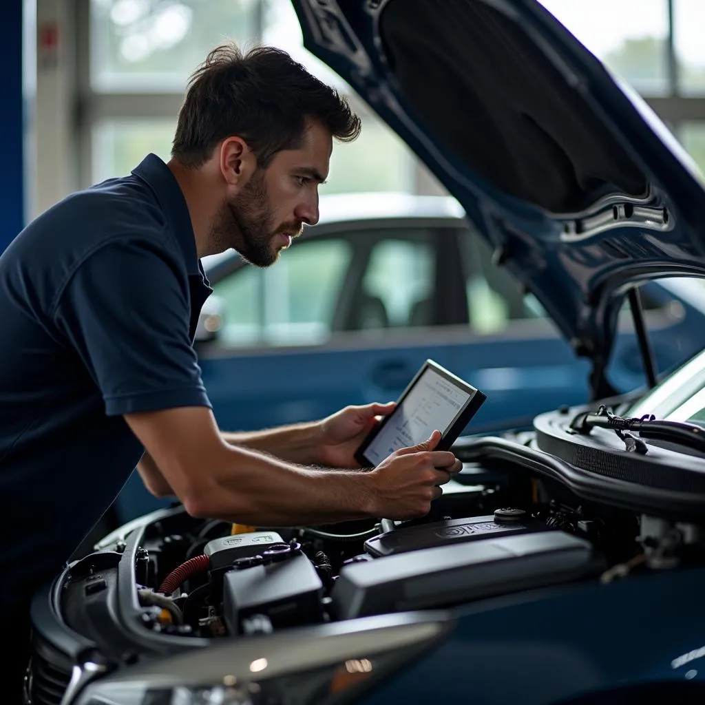 Mechanic using diagnostic tools on a car