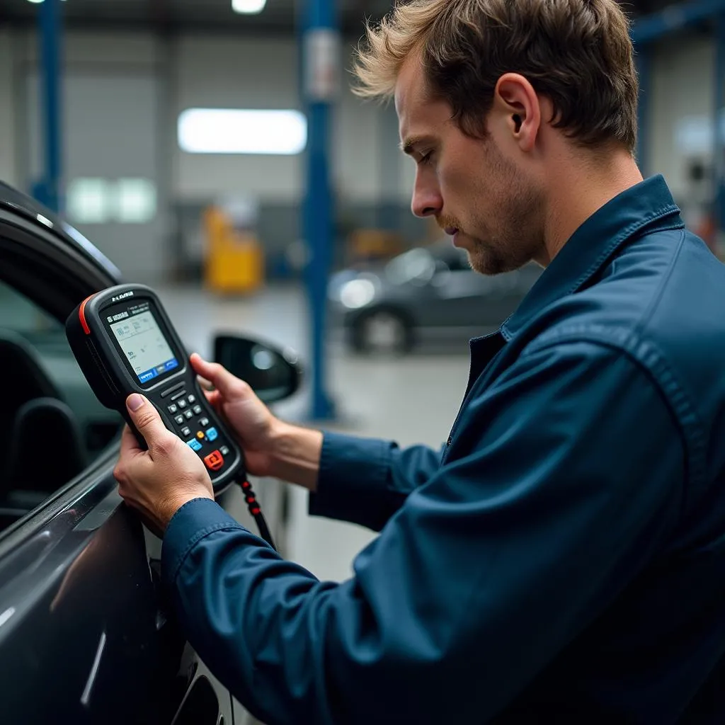 Mechanic using Diamex OBD gauge trip computer for car diagnosis