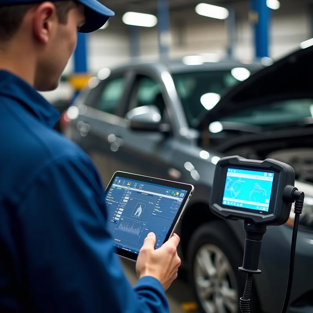 Mechanic using a digital tablet to diagnose car problems