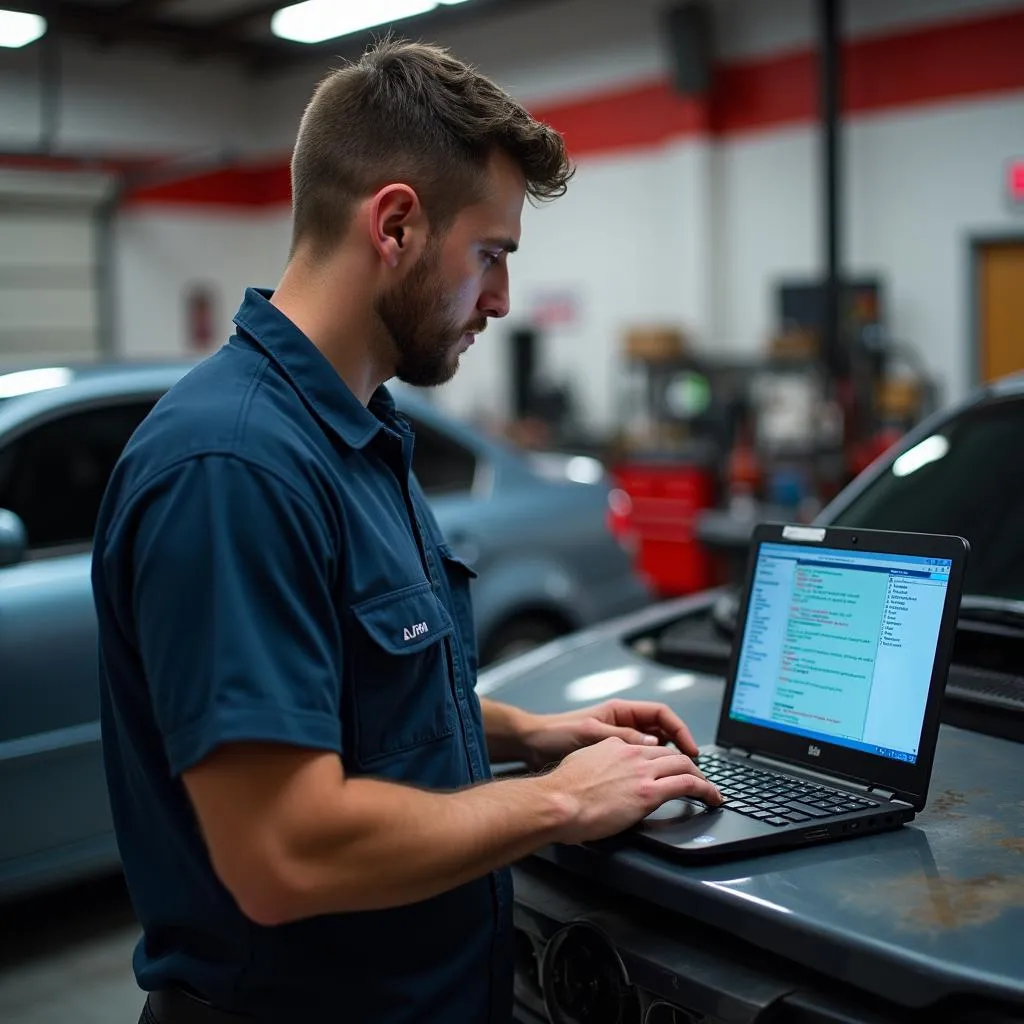 Mechanic using free OBD software on a laptop to diagnose car problems