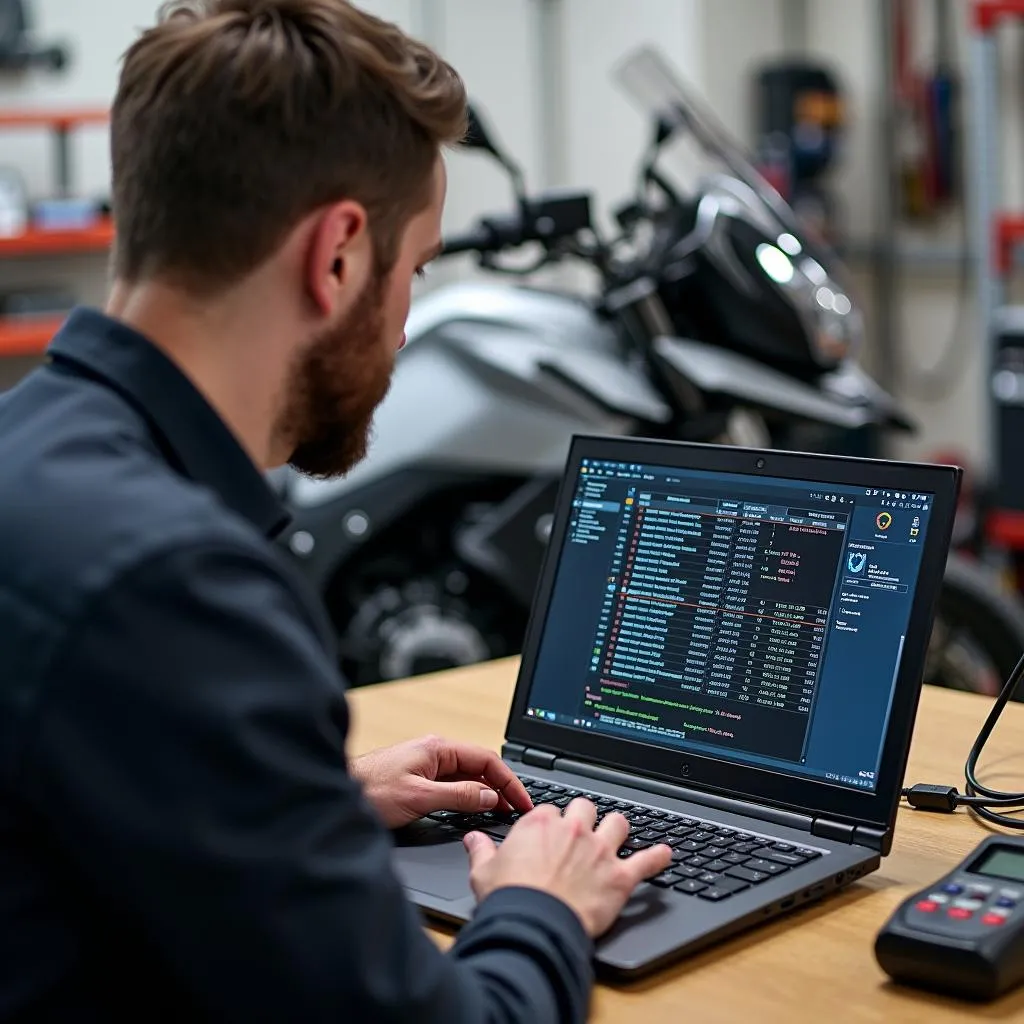 Mechanic Diagnosing BMW Motorcycle with GS-911