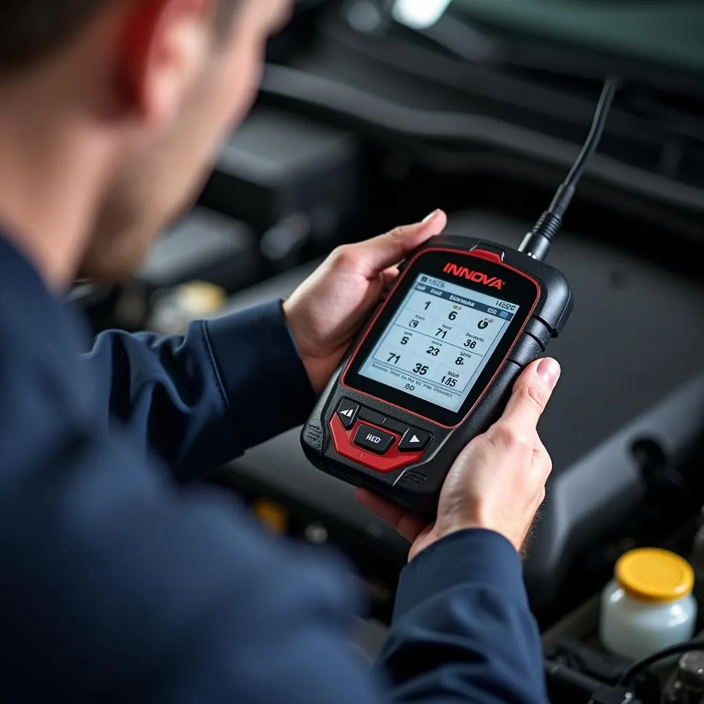 Mechanic using an Innova 3120 Live OBD scanner to diagnose a car engine