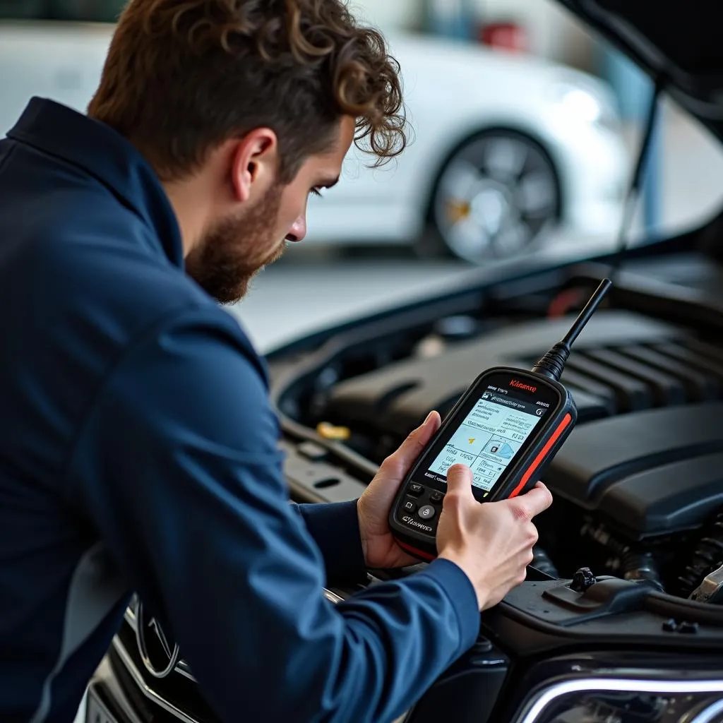 Mechanic diagnosing a Mercedes-Benz using a Kisame OBD Scanner