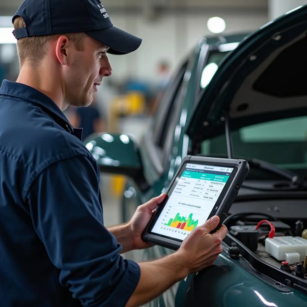 Mechanic using Kiwi 3 and a tablet to diagnose a car problem