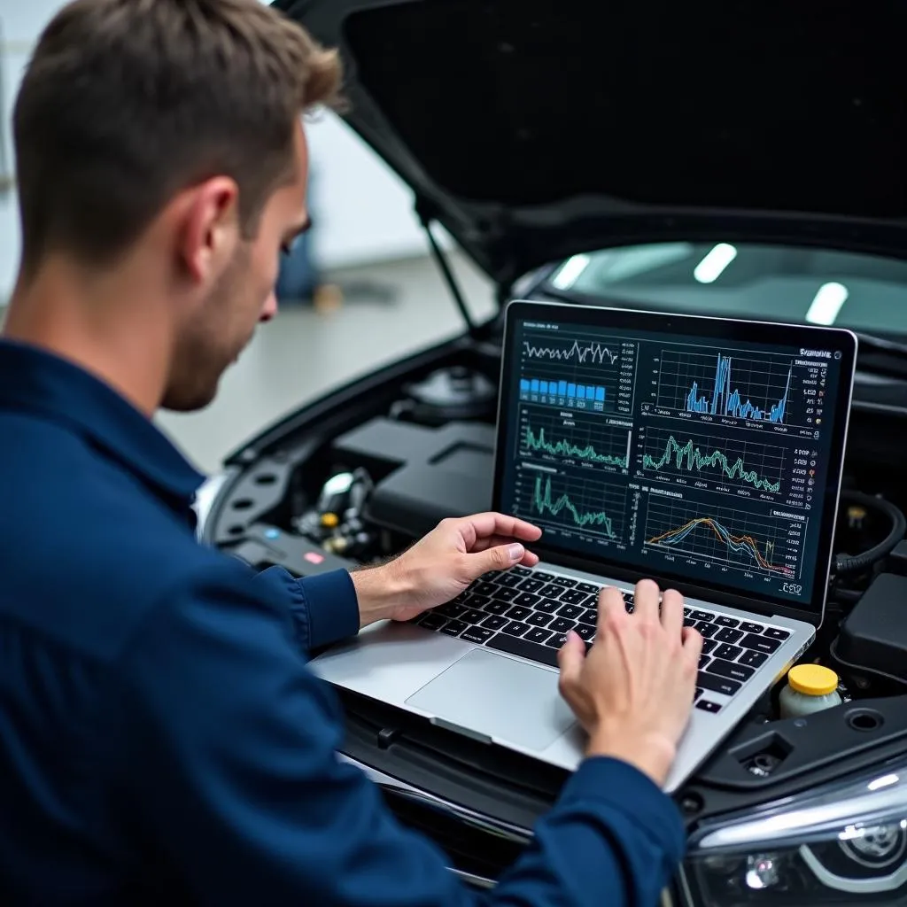 Mechanic Using Laptop for Car Diagnostics