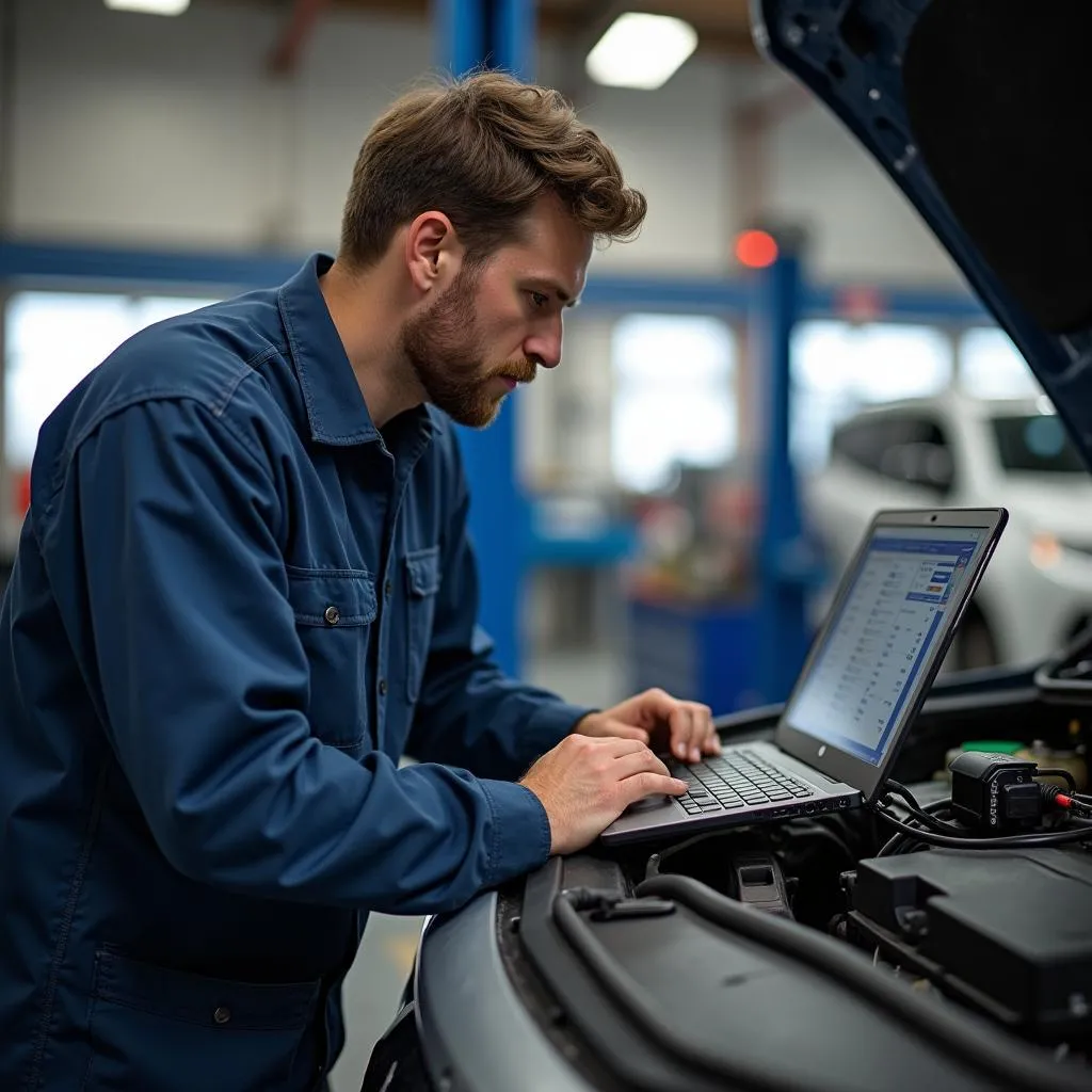 Mechanic Using Laptop for Car Diagnostics