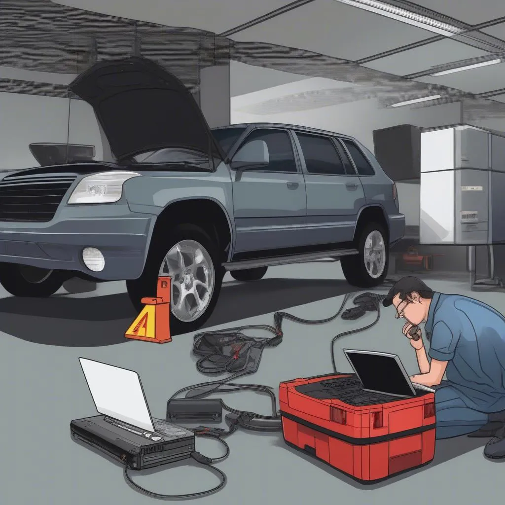 Mechanic Using Laptop OBD-II Kit in Garage