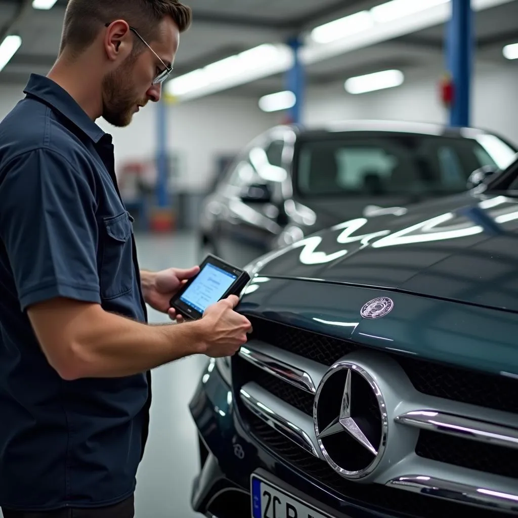 Mechanic Using OBD Adapter on Mercedes-Benz