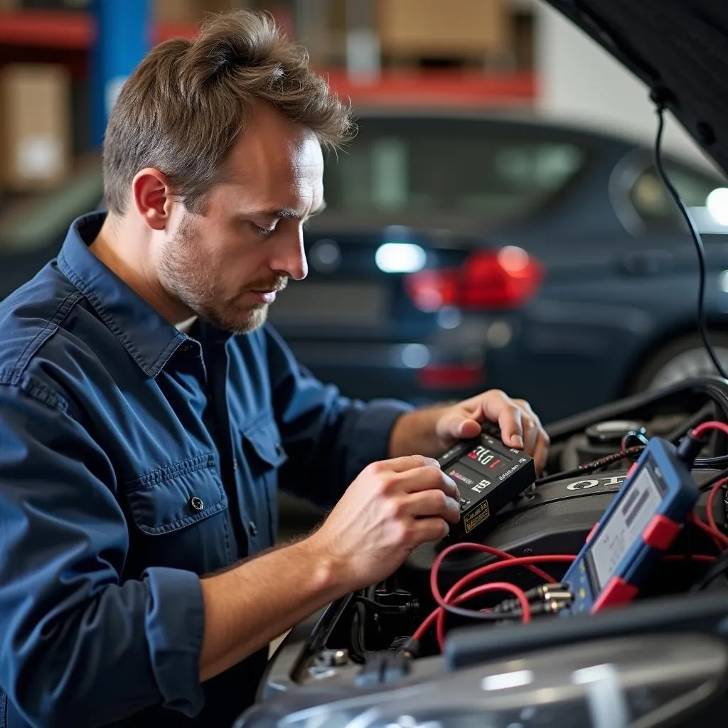 Mechanic using an OBD breakout box to diagnose a car problem.