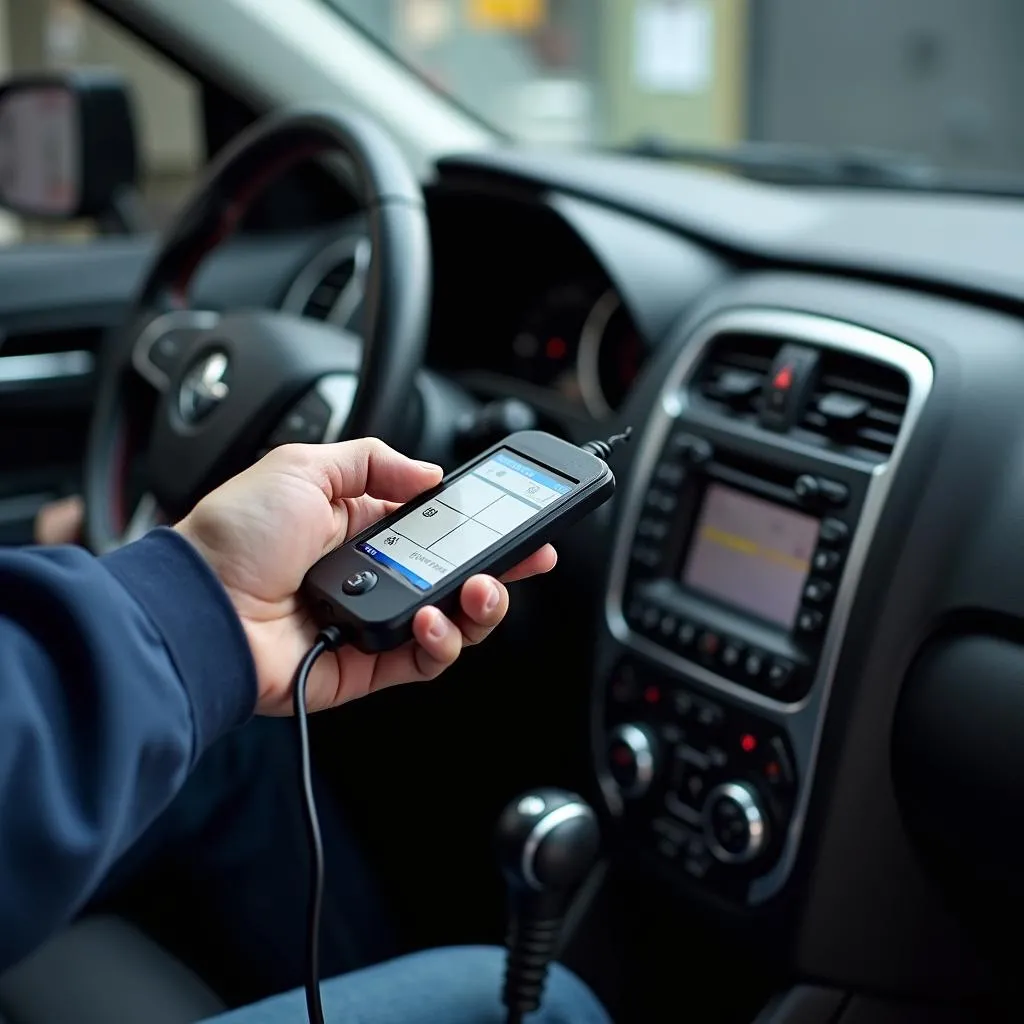 Mechanic using OBD II scanner on a car