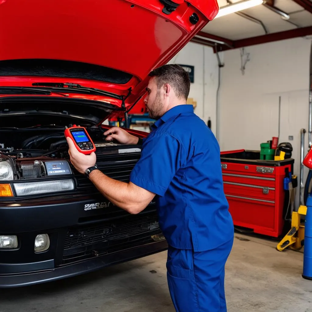 Mechanic using OBD reader on a car in a garage