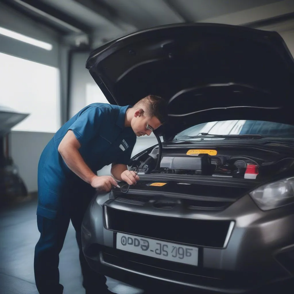 Mechanic using OBD reader on a car in a garage.