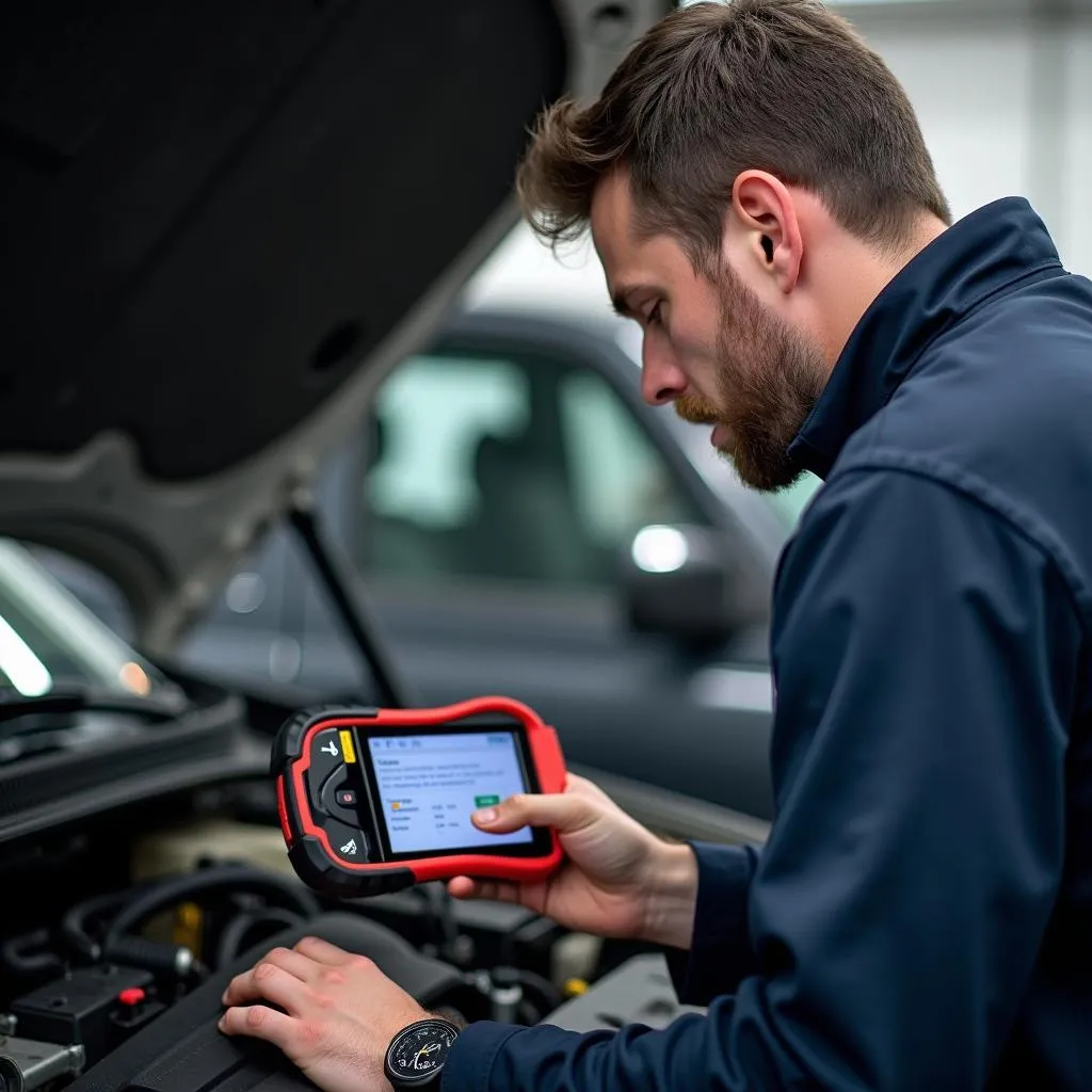 Mechanic using OBD reader on a Chevy engine