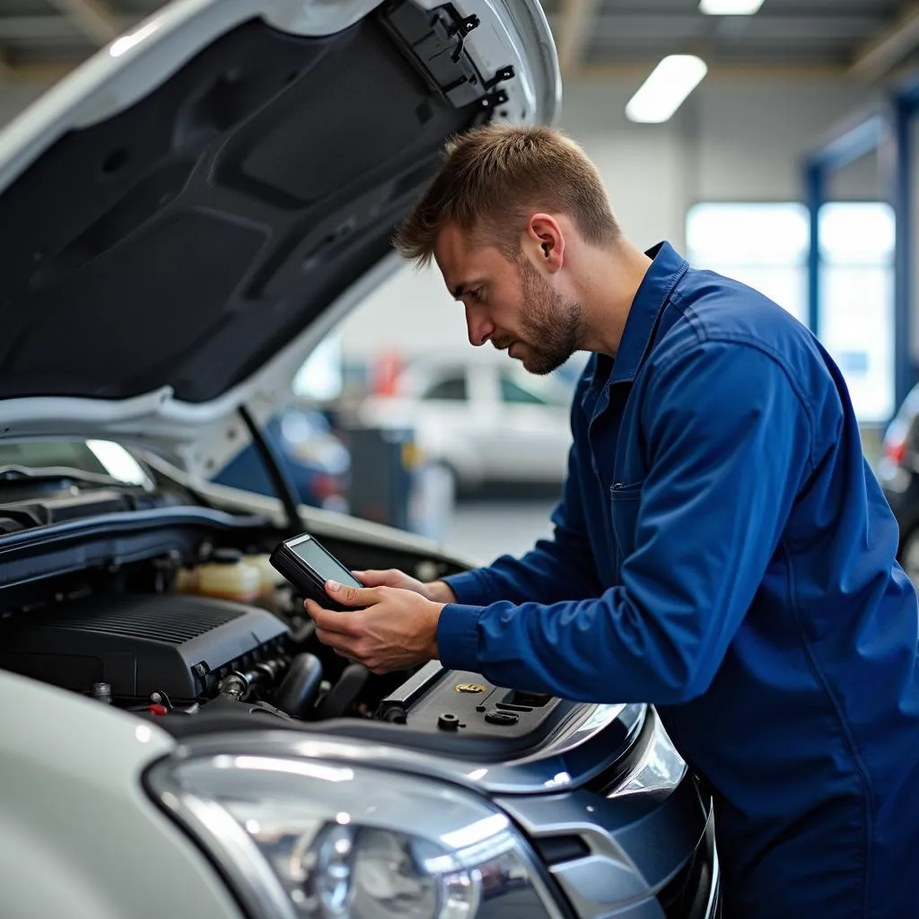 Mechanic using OBD reader on an Isuzu D-Max