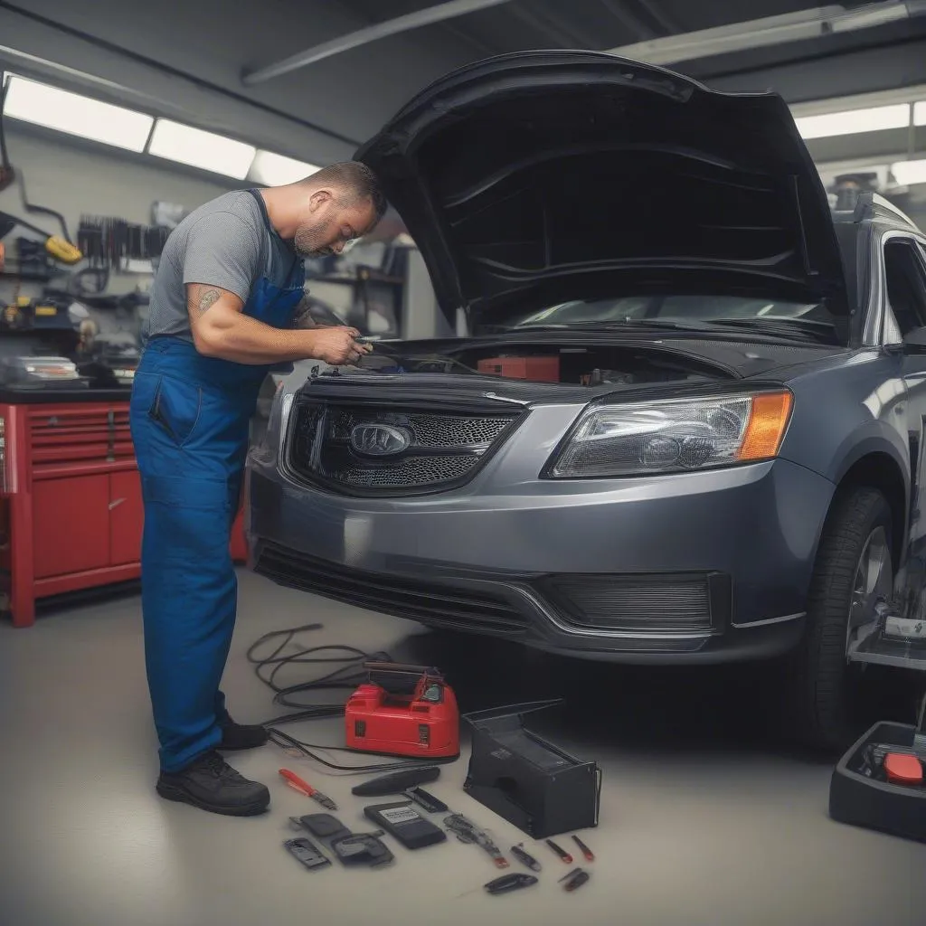 Mechanic Using OBD Scan Tool on Car in Repair Shop