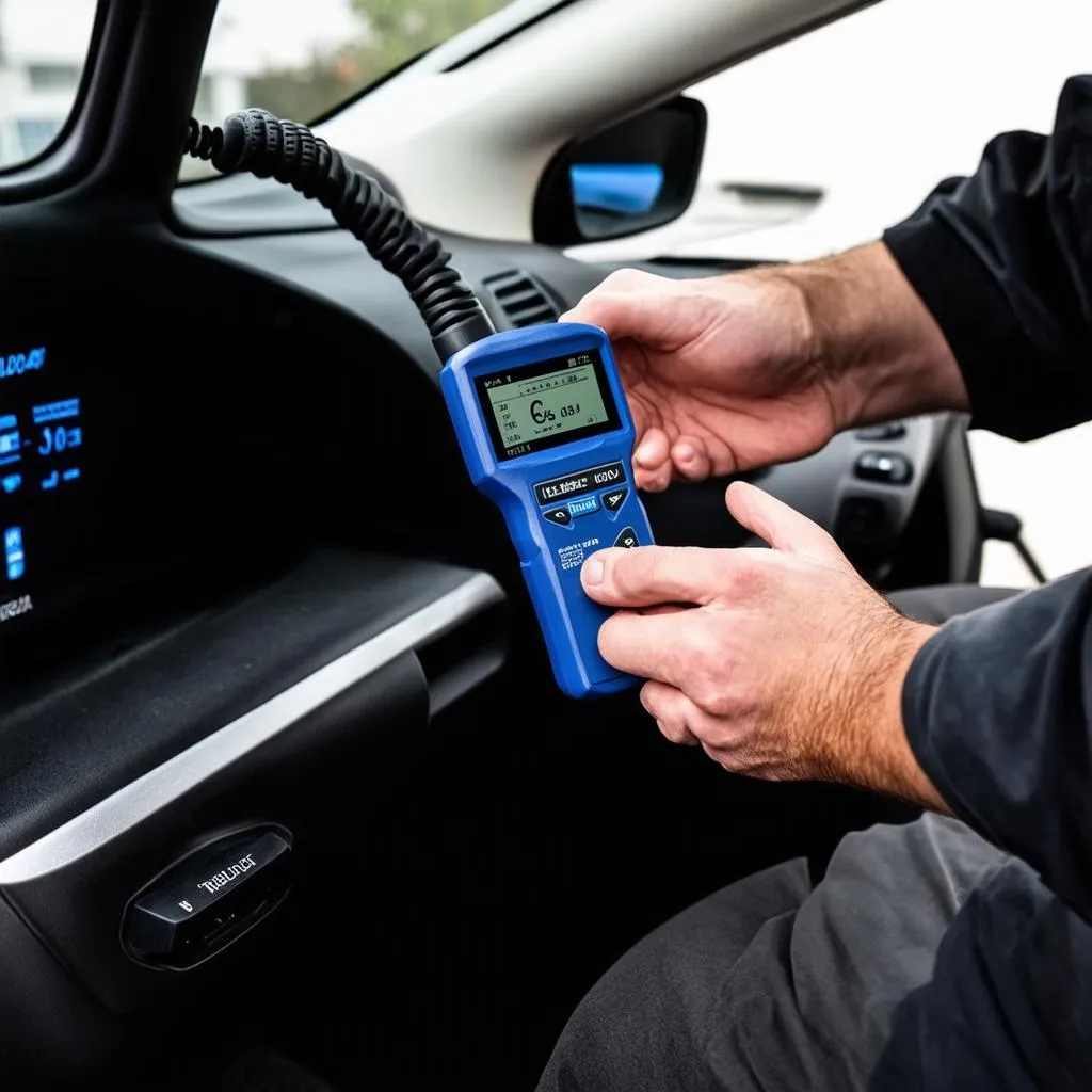 Mechanic using an OBD scanner to diagnose a Ford Focus