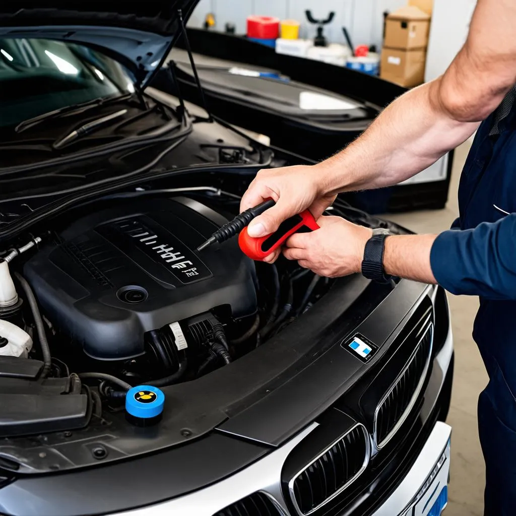 Mechanic Using OBD Scanner on BMW E90