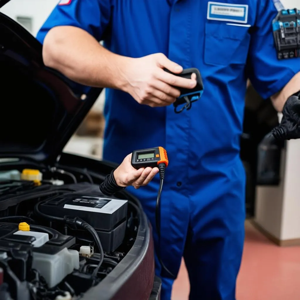 Mechanic using an OBD scanner to diagnose a car's engine.