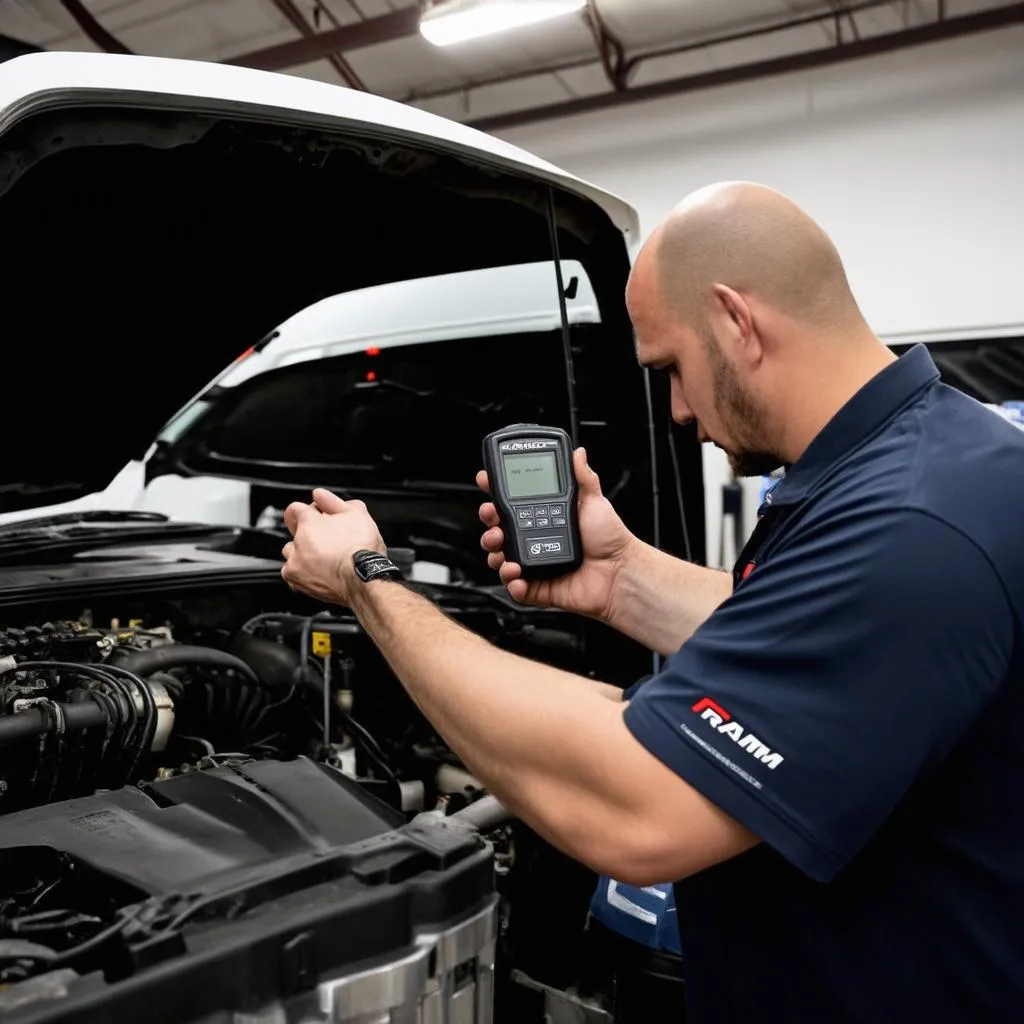 Mechanic using an OBD scanner on a RAM truck