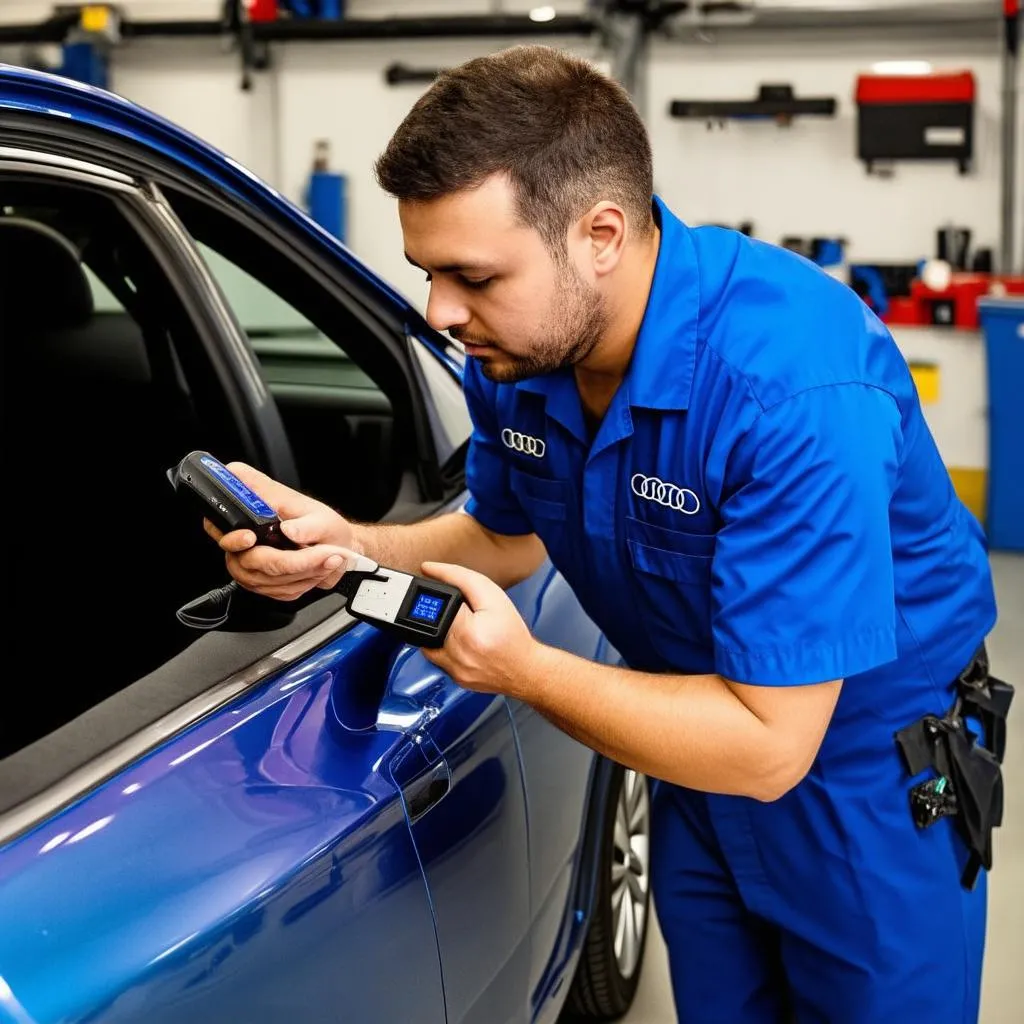 Mechanic Using OBD Scanner on Audi A6