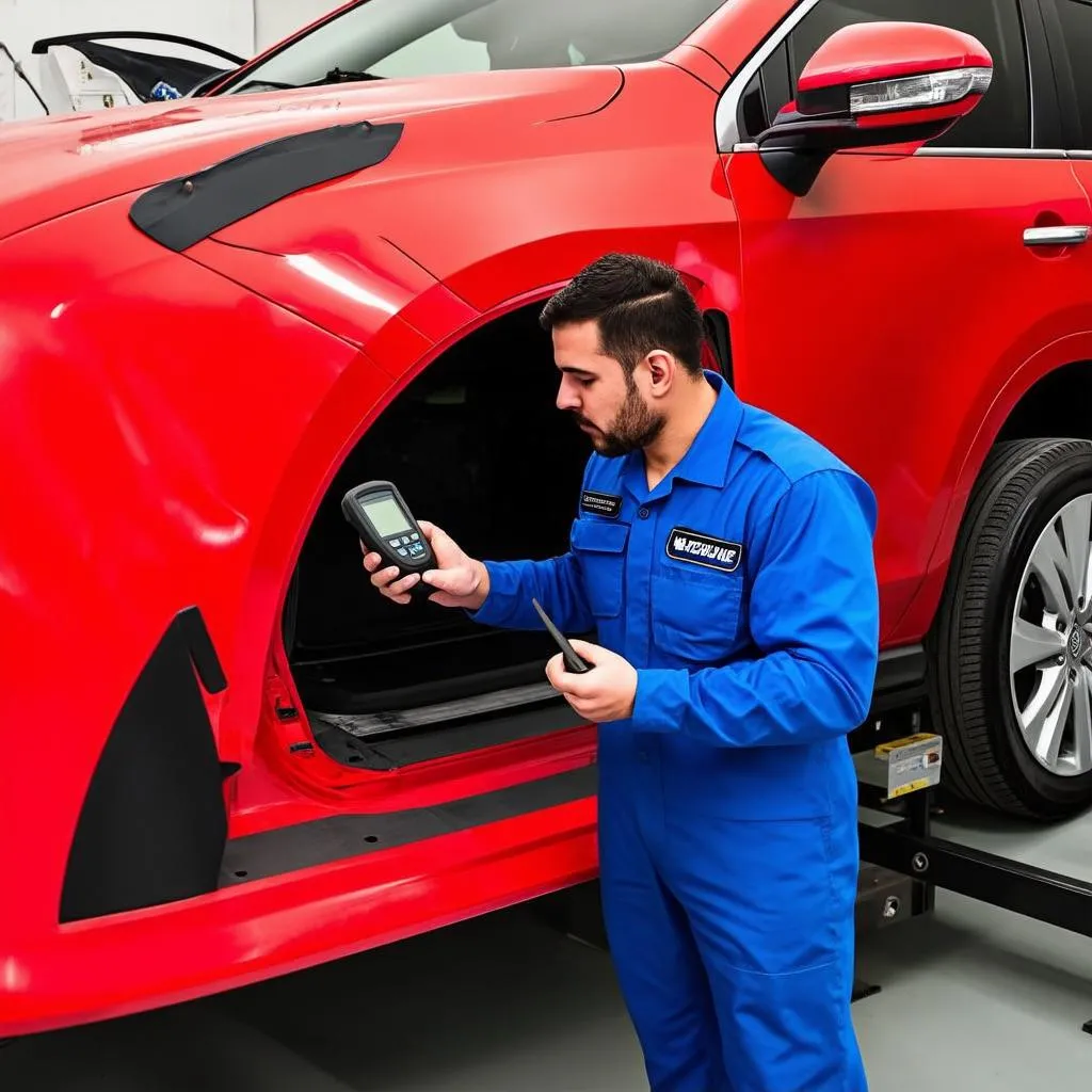 Mechanic using an OBD scanner on a car