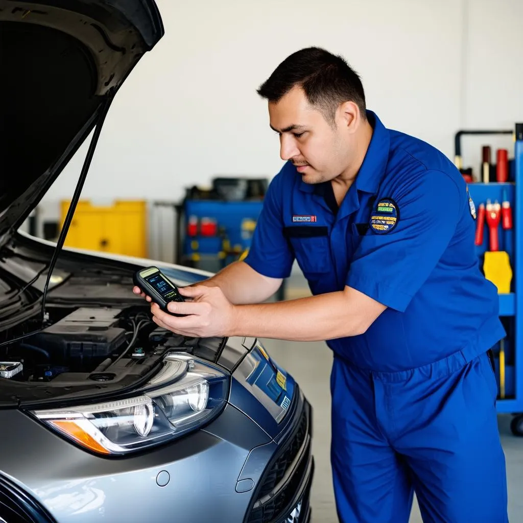 Mechanic using an OBD scanner to diagnose a car problem