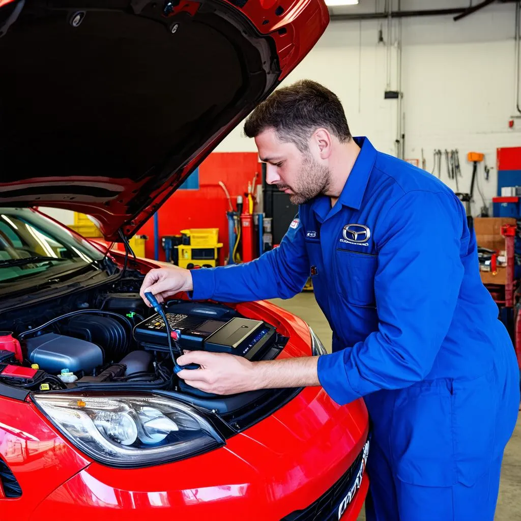 Mechanic using an OBD scanner on a Mazda.