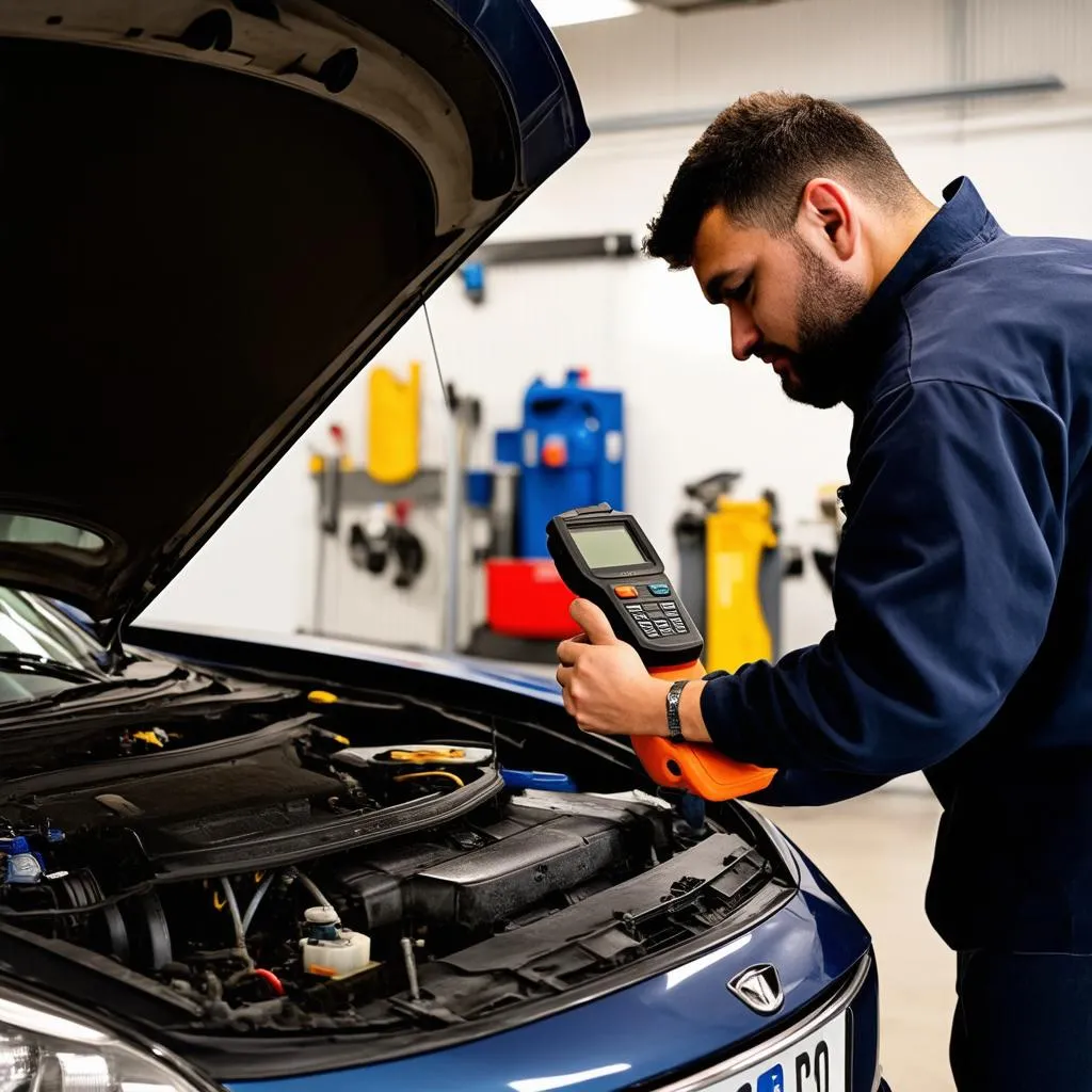 Mechanic Using OBD Scanner in Auto Shop