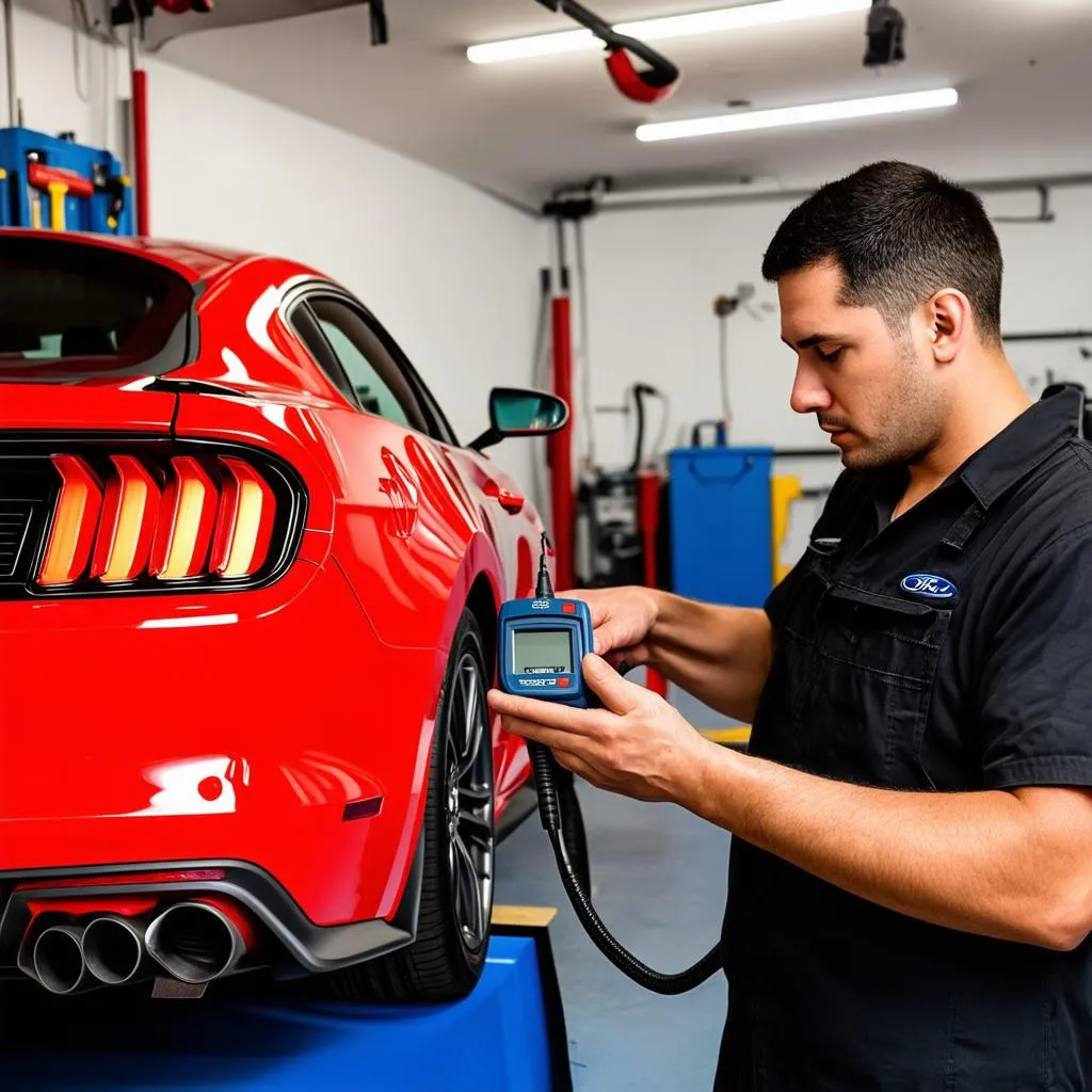 Mechanic using an OBD scanner on a Ford Mustang