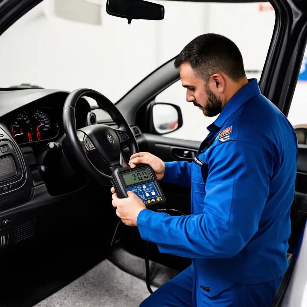 Mechanic plugging an OBD scanner into a car's port