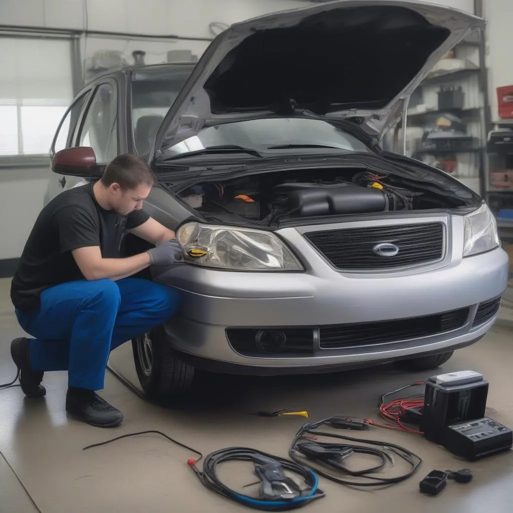 Mechanic connecting an OBD scanner to a car